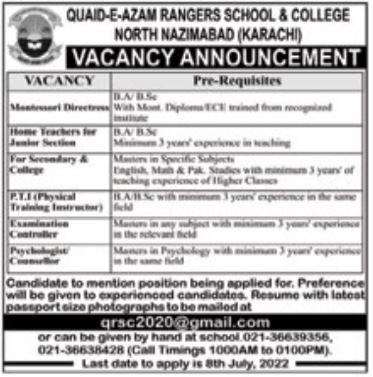 Latest Quaid e Azam Rangers School & College Education Posts Karachi 2022