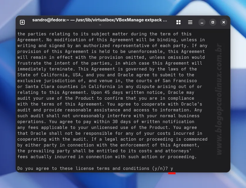 Digite 'Y' para aceitar os termos de licença do VirtualBox Extension Pack Digite 'Y' para aceitar os termos de licença do VirtualBox Extension Pack