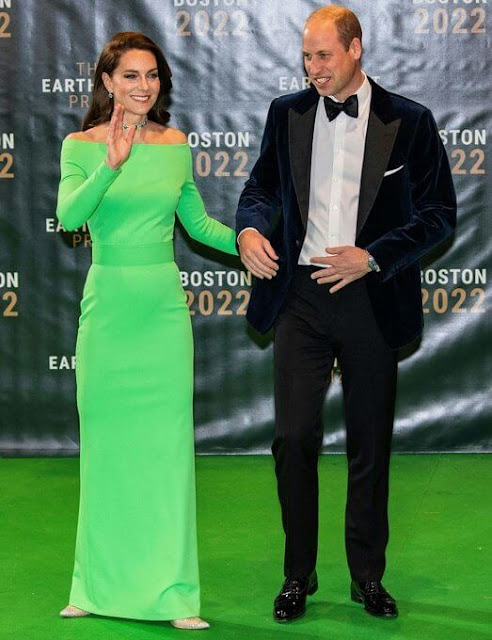 Princess Catherine wore a bright green sabina maxi dress by Solace London. Asprey London emerald and diamond halo earrings