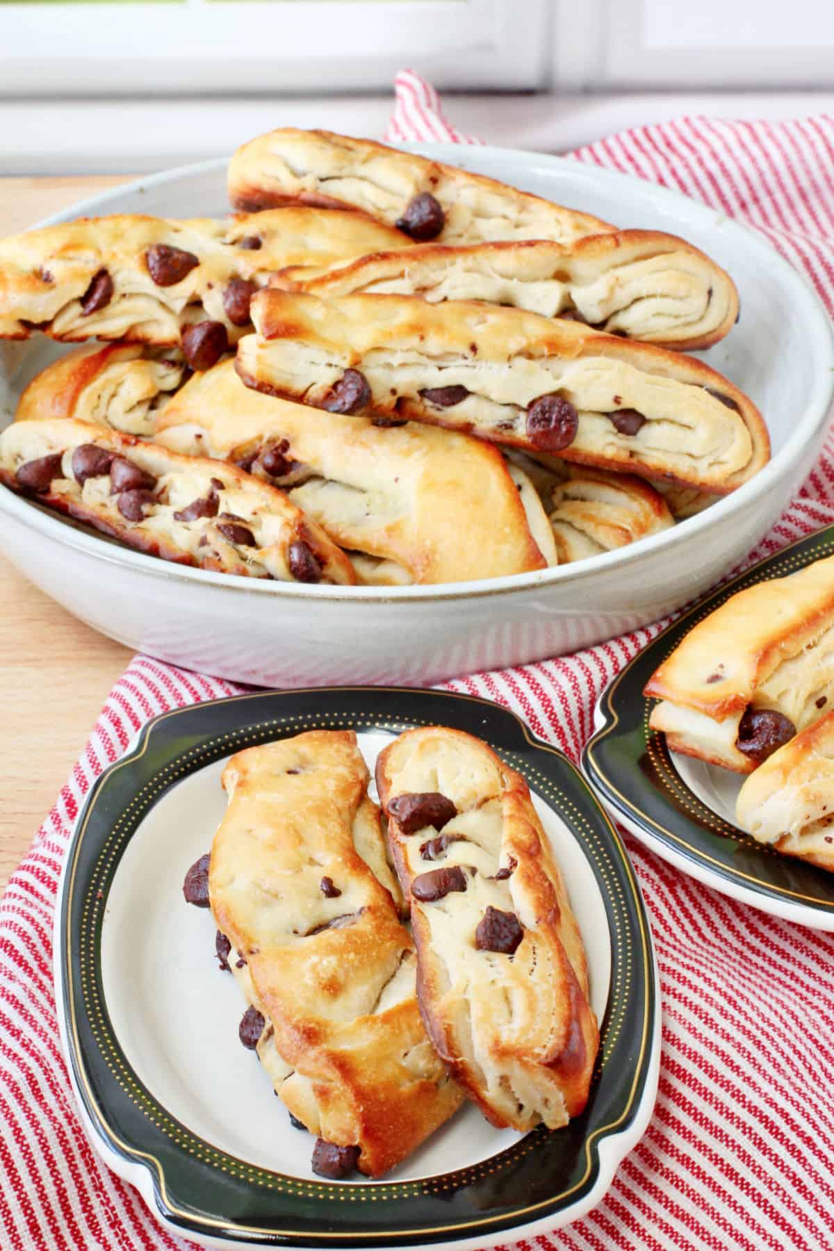 Chocolate Chip Breadsticks on multiple plates.