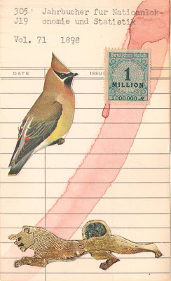 bird identification cedar waxwing heraldry lion vintage postage stamp library due date card collage