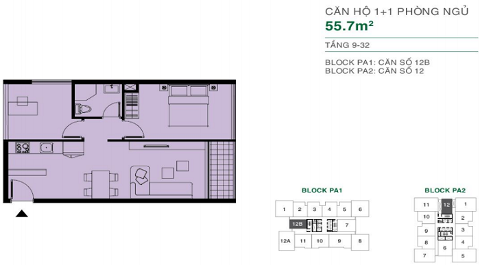 Diện tích 55.7m2 căn hộ the park avenue