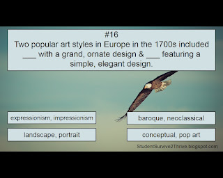 Two popular art styles in Europe in the 1700s included ___ with a grand, ornate design & ___ featuring a simple, elegant design. Answer choices include: expressionism/impressionism, baroque/neoclassical, landscape/portrait, conceptual/pop art