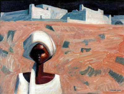 A Nubian Egyptian and his village as depicted by Egypt's famous painter Hussein Bicar during the construction of the High Dam in 1960s