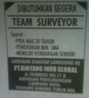 Lowongan Team Surveyor PT. Bintang Indo Global Bandar Lampung