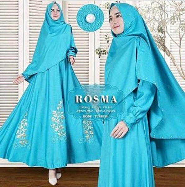 Gamis Syari Warna Biru Motif Bunga Premium - Baju Muslim Gamis