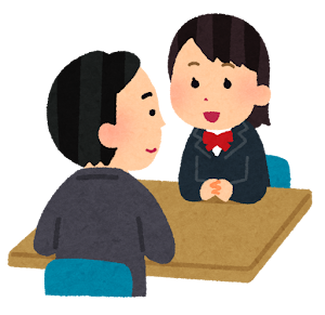 学校での相談のイラスト（笑顔・男性x女性）