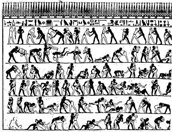 Imagen 992A | Dibujo de un mural de una cámara funeraria egipcia, de aproximadamente 4000 años, que muestra a los luchadores en proceso. | Autor desconocido / dominio público