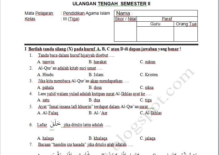 Soal Pelajaran Agama Islam Kelas 3 Sd