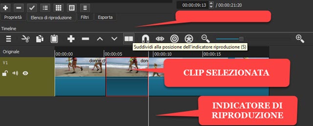 selezione di una clip di un video con shotcut