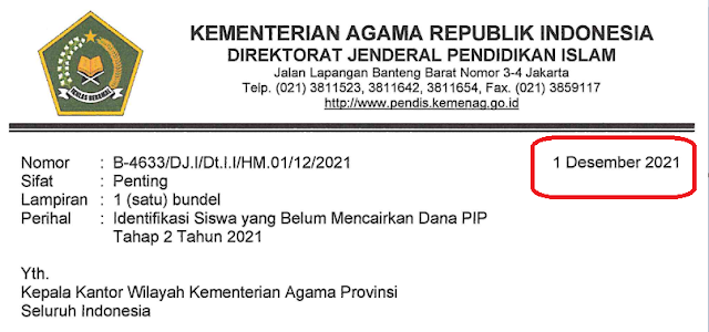 Surat Permohonan Identifikasi Siswa Yang Belum Mencairkan Dana PIP Tahap 2 Tahun 2021 - DIRJEN PENDIS INTEL MADRASAH