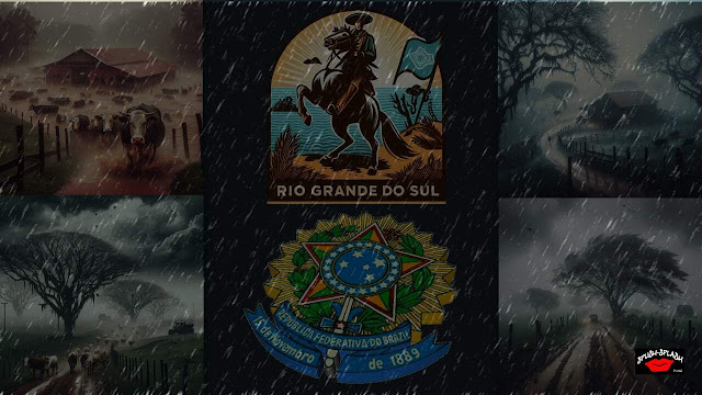 Composição: Intempérie em terras gaúchas, com logótipo gaúcho e brasão do Brasil.
