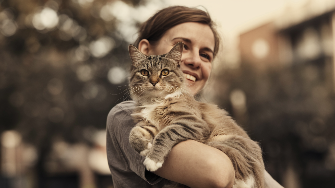 Cat owner holding and smiling with a relaxed cat, symbolizing the peace of mind pet insurance provides.