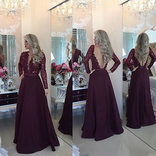  Sexy Burgundy Beadings Prom Dress A-Line Long Sleeves Lace Evening Gowns -Price:US$ 169