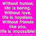 Without humor, life is boring. Without love, life is hopeless. Without friends like you, life is impossible! 