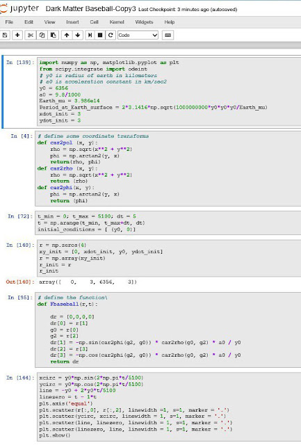 Python coding to solve gravitational orbit equations for dark matter baseball (Source: Palmia Observatory)