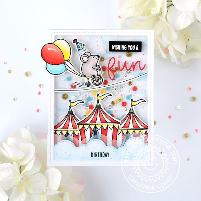 Sunny Studio Stamps: Birthday Mouse Circus Themed Birthday Shaker Card by Catherine Cohen (featuring Fluffy Clouds Border Dies, Country Carnival, Loopy Letter Dies)