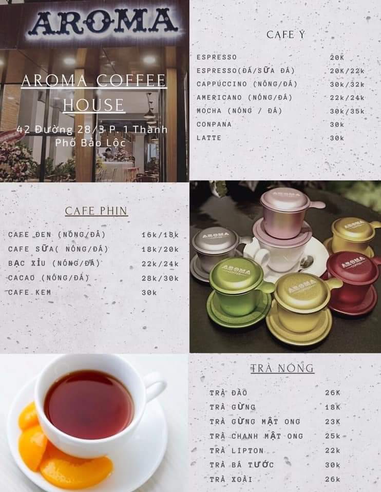 các loại cà phê tại quán Aroma house Bảo Lộc