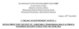 BSF Tradesman Bharti 2023 For 1284 Post