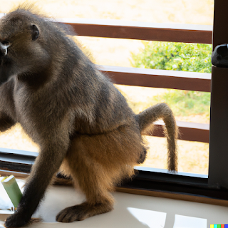 baboons in a hotel room in africa near a safari  looking for items they can eat.