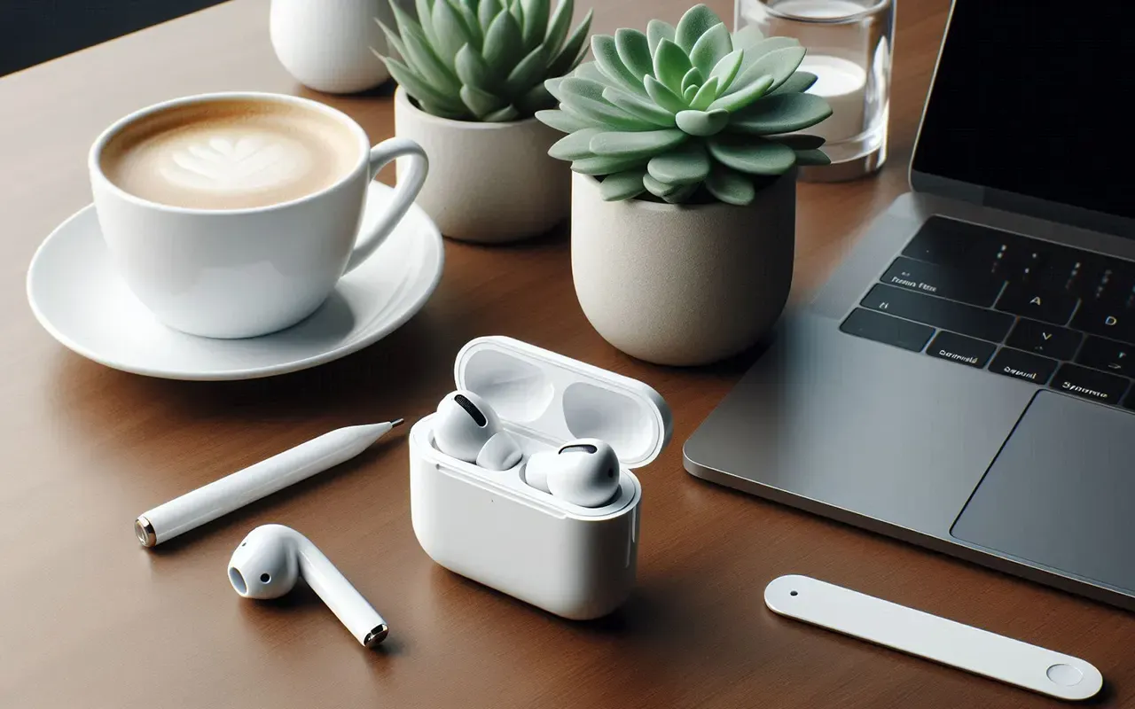 sebuah AirPods tergeletak di sebuah meja kerja sebuah AirPods tergeletak di sebuah meja kerja