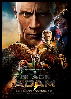 Black Adam movie poster. Features the giant head of Black Adam. There's a lightning bolt cutting the poster diagonally in half. The other half features Atom Smasher, Dr. Fate, Hawkman, and Cyclone. Amon and Adrianna are in the extreme left corner.