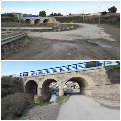 Camino de Santiago de Compostela, Candasnos en Bujaraloz, camino en dirección a Peñalba, calle Valcuerna y puente sobre la carretera N-II en Peñalba