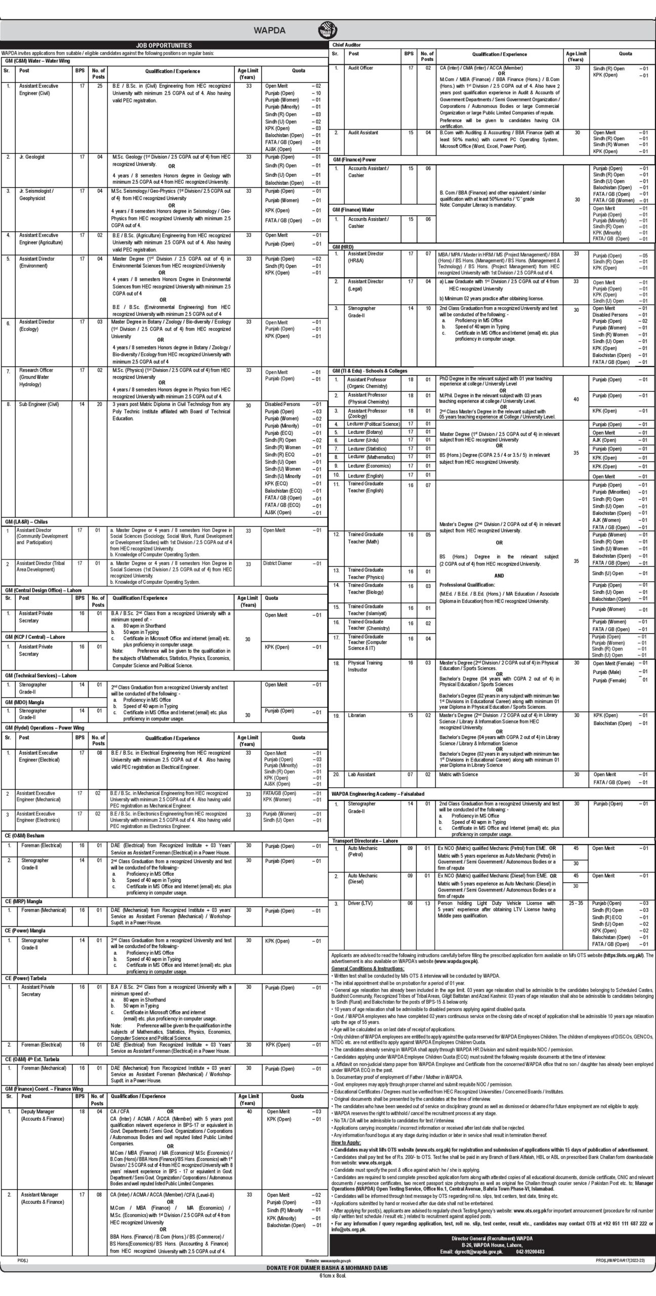 Wapda Jobs 2023 Latest Advertisement PDF