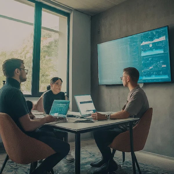 three person sit on the desk and learning and disscussion with the lebtop