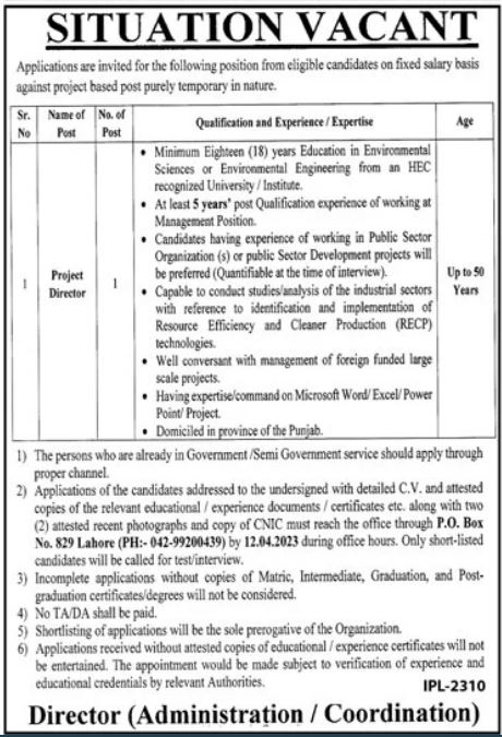 Jobs 2023 for Project Director in P O Box No 829 Lahore