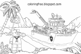 Printable beach tropical ocean water sailor coastguard sea boat Lego city colouring pages for teens