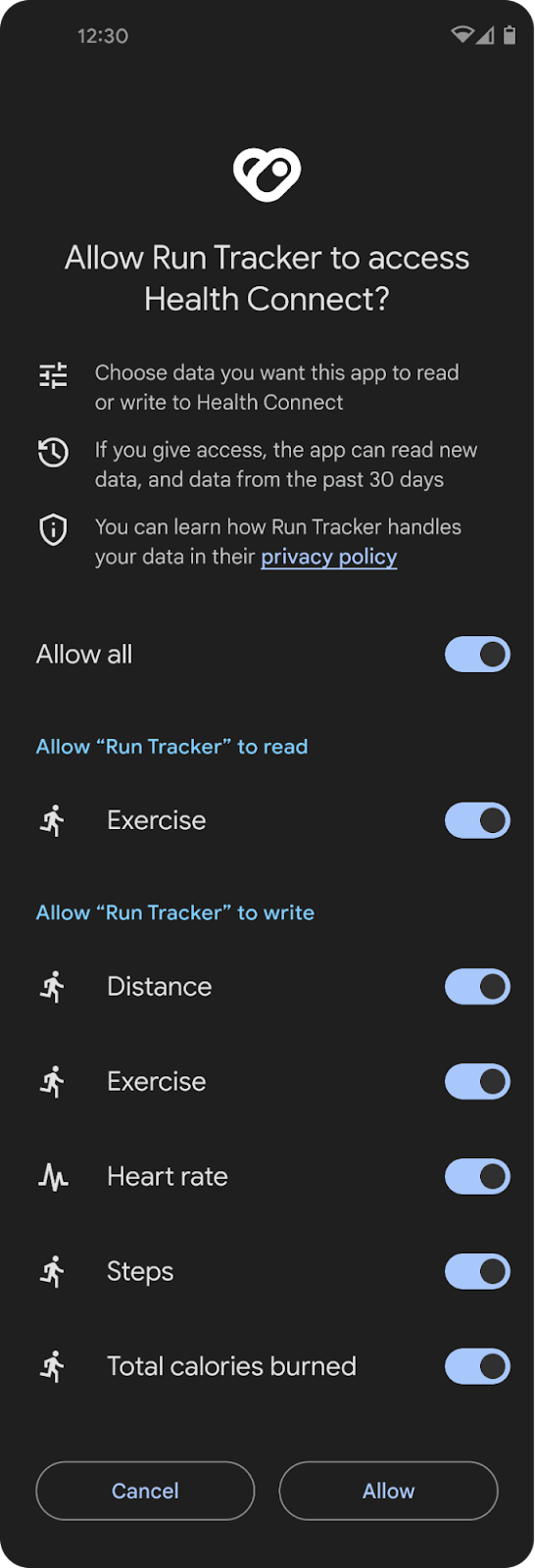 Pantalla del teléfono que muestra los permisos de acceso detallados de la aplicación Run Tracker en Health Connect