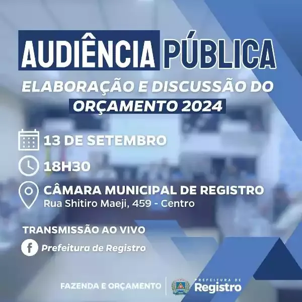 Audiência Pública discute elaboração do Orçamento 2024 no dia 13-9