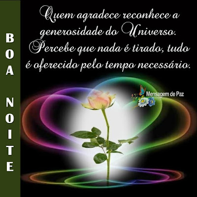 Quem agradece reconhece   a generosidade do Universo.   Percebe que nada é tirado,   tudo é oferecido pelo tempo necessário.  Boa Noite!