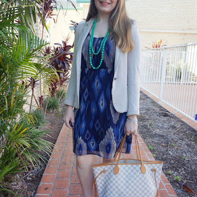 awayfromblue instagram Aztec print navy dress cream blazer with Louis Vuitton neverfull tote