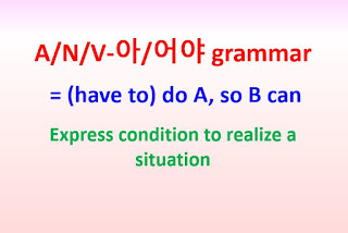 V-아/어야 grammar = (have to) do A, so B can ~express a condition to realize something