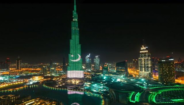 World tallest building Burj Khalifa was lit up with the Pakistani flag on 75th Independence Day