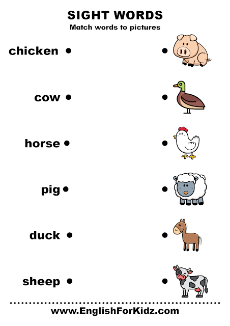 Sight words animals worksheet for grade 1