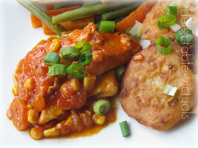 Chicken in Piquant Sauce with Savory Corn Cakes