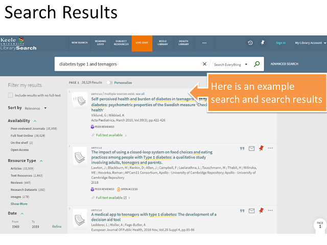 Search Results presented in Library Search, filter options on the left-hand-side