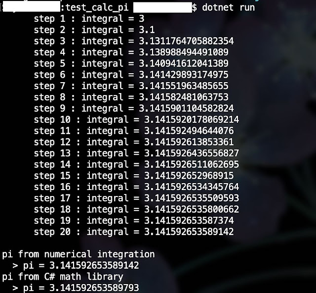 screenshot of terminal console, showing the result of C# program to compute pi