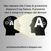 Immagine con due profili di teste di altrettante persone. Dal primo profilo si proietta la lettera A che nel secondo profilo appare ingigantita. In alto all’immagine c’è la scritta:”Non lasciare che il bias di proiezione distorca il tuo futuro. Il presente non è sempre la mappa del domani”.