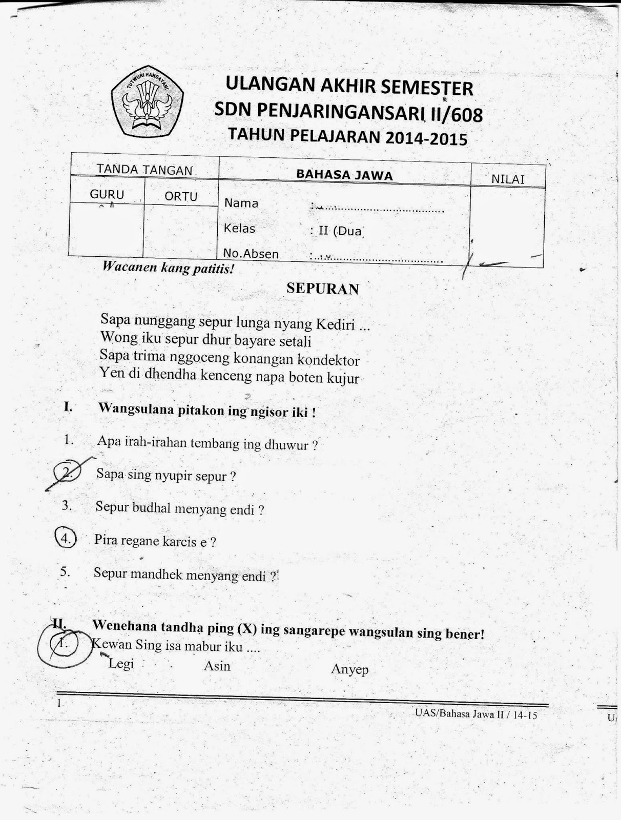 UAS Semester Ganjil Bahasa Jawa Kelas 2 SD TA 2014 2015 Kurikulum 2013
