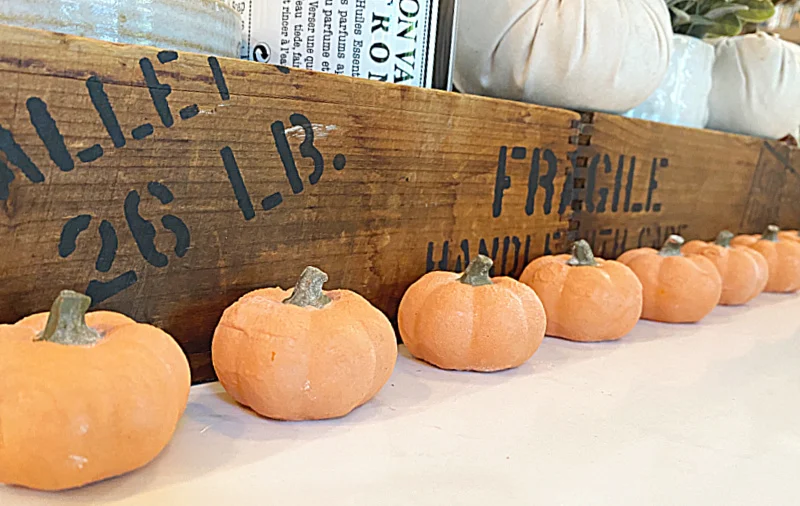 row of terra cotta pumpkins and a crate