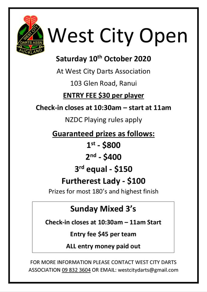 West City Darts Auckland Open 2020 Poster