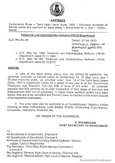 ஈட்டிய விடுப்பு ஒப்படைப்பு ஒரு ஆண்டுக்கு ரத்து - தமிழக அரசு அரசாணை 