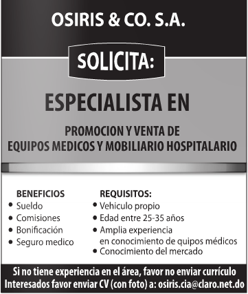 Empresa Osiris & CO. solicita especialista en Promoción Equipos Médicos y Mobiliario H.