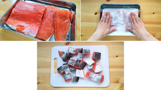 鮭に酒、塩を裏表に振り、10分程度置いて水分を出します。10分経ったらペーパータオルで表面の水分を拭き取り、食べやすい大きさに切り分けます。