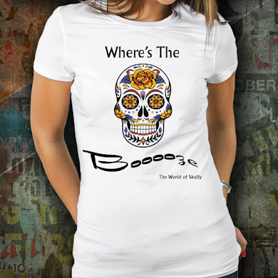 Where's the Booze Booooze Skully collection tee shirt designed by Eugenia