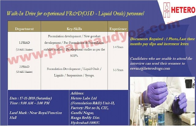 Hetero Drugs | Walk-In for FR&D (OSD & Liquid Orals ) | 17th November 2018 | Hyderabad